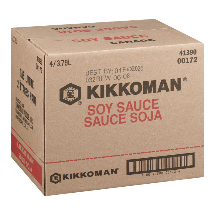 Sauce soja en seau plastique bilingue - 4 x 3,79 L - Kikkoman - Ingrédients pour restaurants et services de restauration - Distribution canadienne