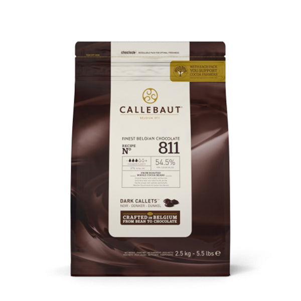 A package of Barry Callebaut Finest Belgian SW Chocolate Callets, dark chocolate, 2.5 kg size.