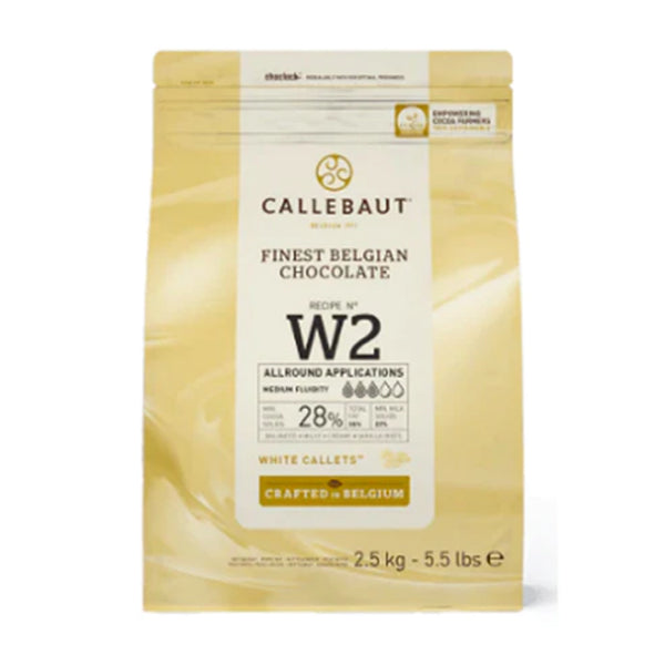 A package of Barry Callebaut white chocolate callets, with the brand's logo and product information visible.