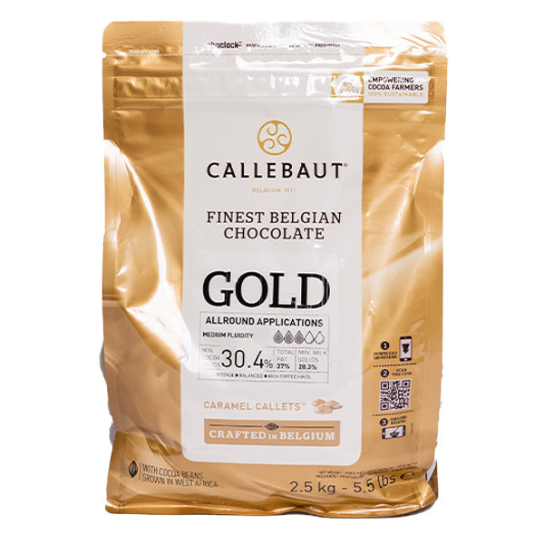 CALLEBAUT - Gold White Chocolate Callets Caramel Taste - Couvertures - 2.5KG Bag - Case of 4 x 2.5KG - Barry Callebaut Canadian Distribution by Fun Foods Canada