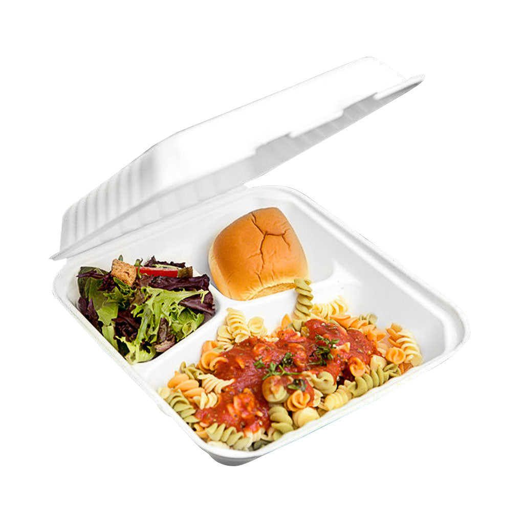 Compostable Hinged Containers with Compartments - 200 containers per case - Sold By The Case