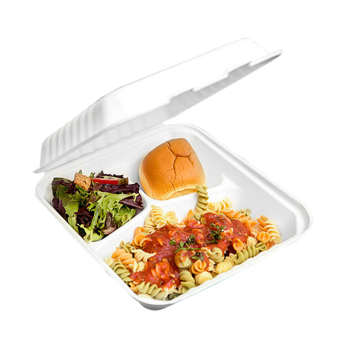 Compostable Hinged Containers with Compartments - 200 containers per case - Sold By The Case