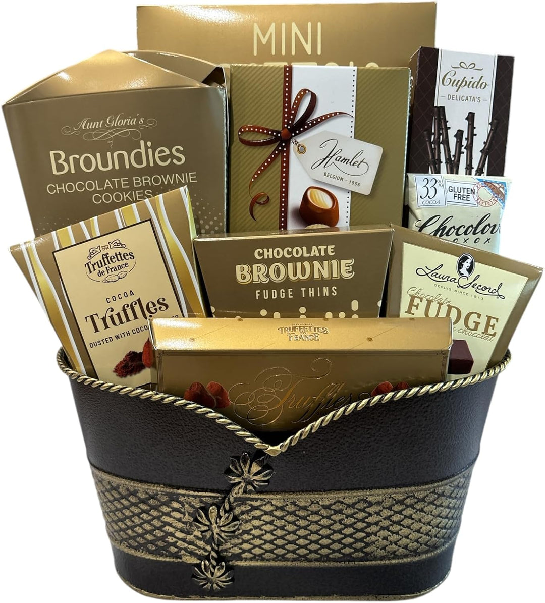 The Avenue Gift Basket - Includes cocoa truffles, milk chocolates, dark chocolates, and more.