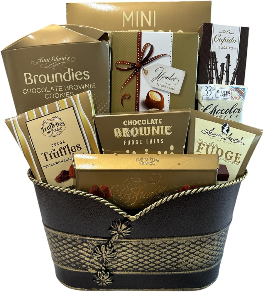 The Avenue Gift Basket - Includes cocoa truffles, milk chocolates, dark chocolates, and more.