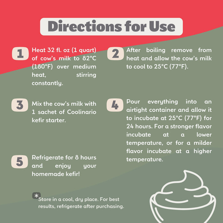 Instructions for making homemade kefir with a red and green gradient background.