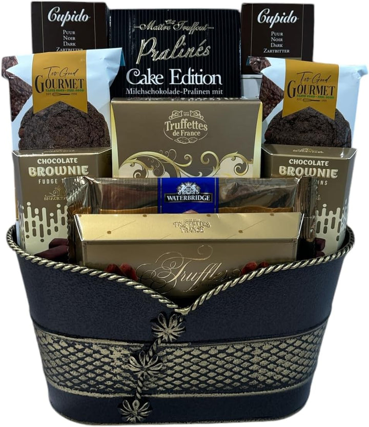 Delicious Choice Gift Basket - Includes chocolate pretzels, cookies, Belgium chocolate, Biscotti and more.