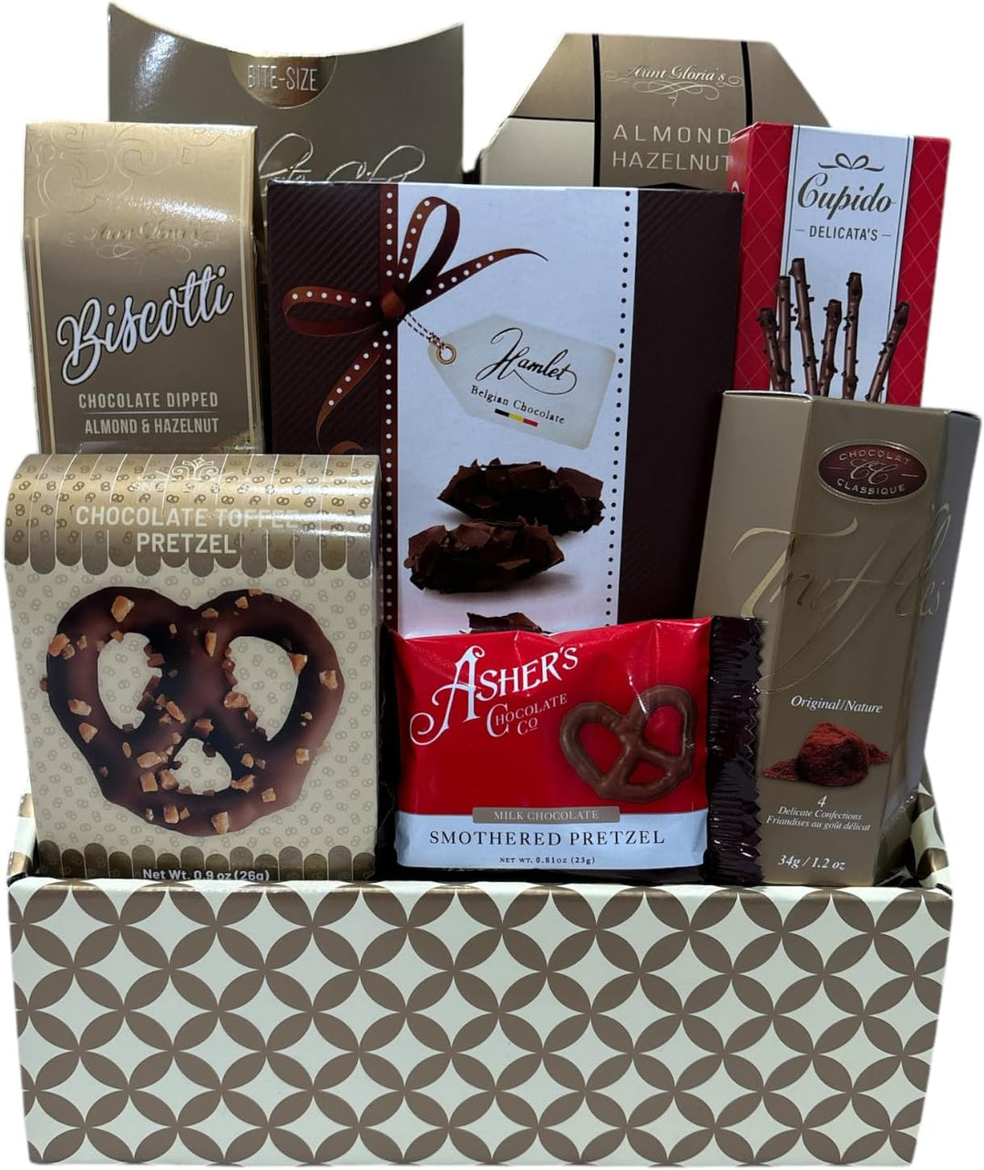 Supreme Gift Basket - Includes pretzels, brownies, Belgium chocolate, fudge and more.