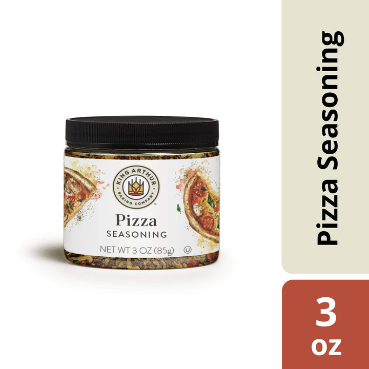 Jar of King Arthur Pizza Seasoning with label and text on a white background
