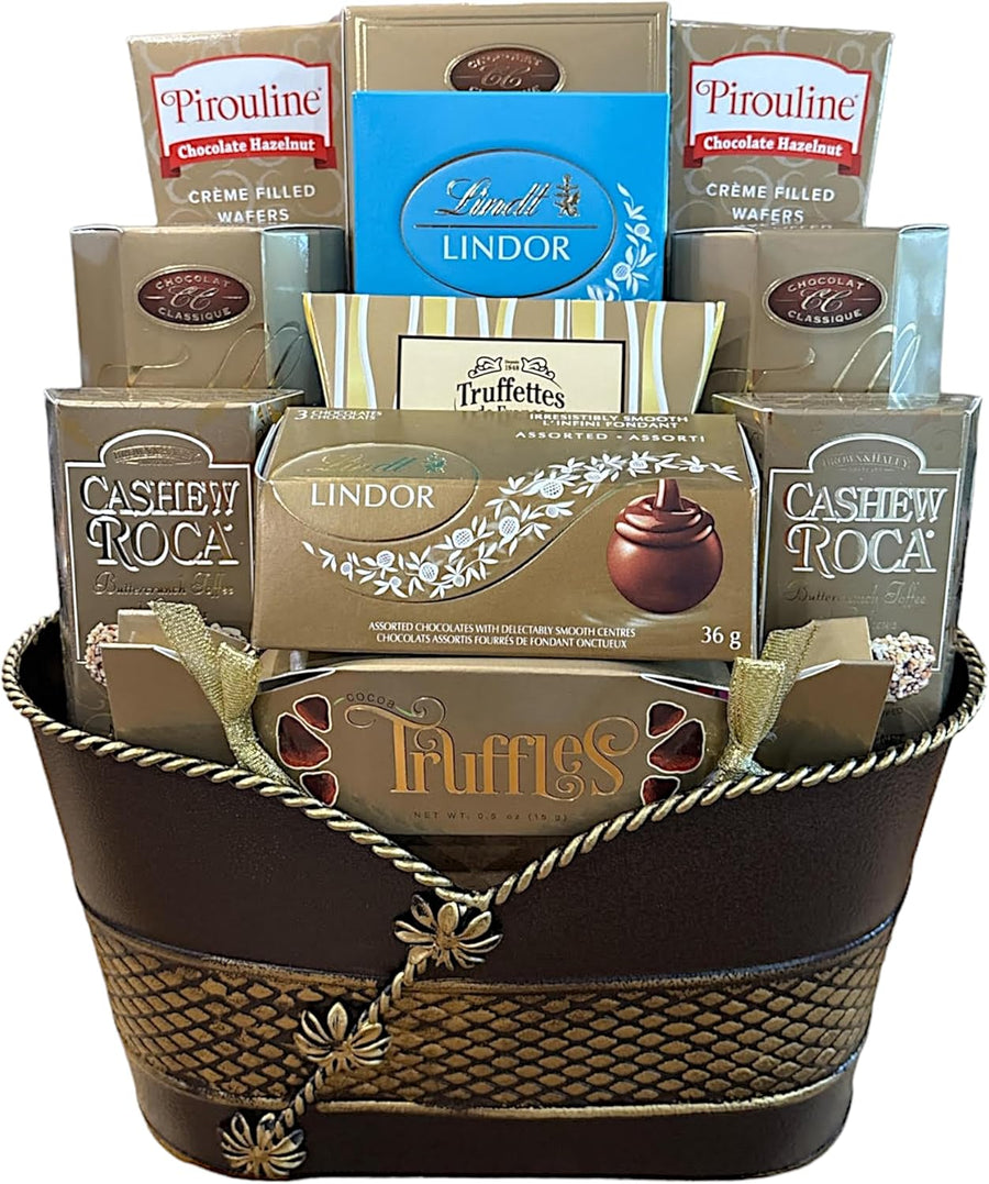 Chocolate Elegance Gift Basket - Savor a variety of rich, decadent flavors, from classic milk and dark chocolates to exotic fruit-infused truffles.