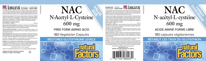 Natural Factors – NAC – 600 mg – 180 Capsules
