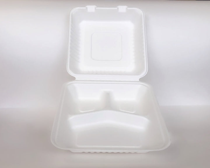 9" x 9" x 3" Sugarcane Clamshell 3 Compartment 200cs BPI