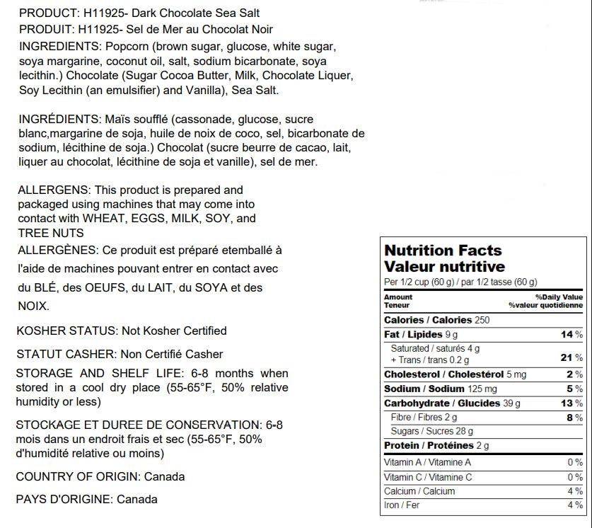 Product packaging with nutritional information and ingredients list for Dark Chocolate Sea Salt Gift Bag - 85g x 20 - Old Fashioned Kettle Cooked Traditional Popcorn - Made In Canada - Canadian Distribution