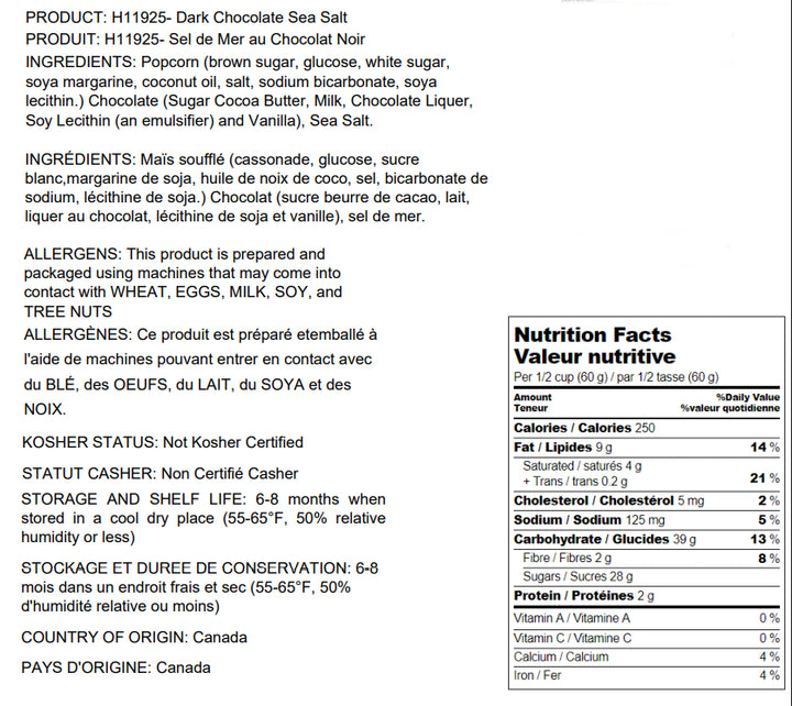Product packaging with nutritional information and ingredients list for Dark Chocolate Sea Salt Gift Bag - 85g x 20 - Old Fashioned Kettle Cooked Traditional Popcorn - Made In Canada - Canadian Distribution