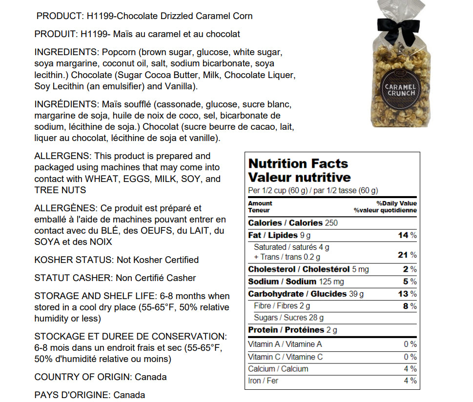 Product label for H1199-Chocolate Drizzled Caramel Corn with ingredients, allergens, and nutrition facts.