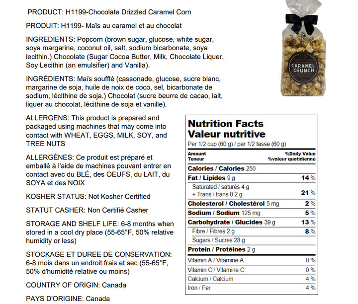 Product label for H1199-Chocolate Drizzled Caramel Corn with ingredients, allergens, and nutrition facts.