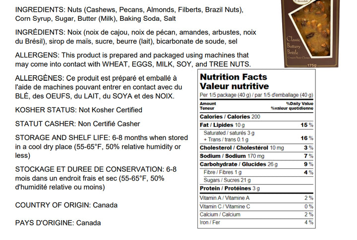 Nutrition facts label for a snack mix with ingredients and allergen information. Traditional Mixed Nut Brittle - Case of 175g x 24 Bags - Old Fashioned Brittle - Old Fashioned Kettle Cooked Traditional Brittles - Canadian Distribution