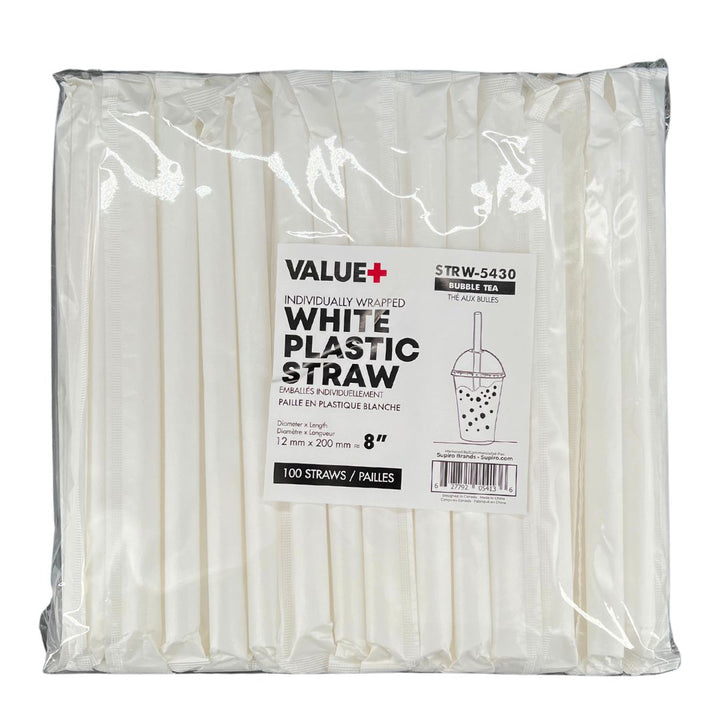 Value+ - Pailles en plastique blanches de 20 cm - Pour Bubble Tea - Pointe pointue - Blanc - 12 mm