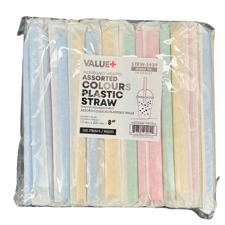 Value+ - 8" - Case of 1000 Assorted Colours Plastic Straws- Bubble Tea- Sharp End - Paper Wrapped - 12 mm