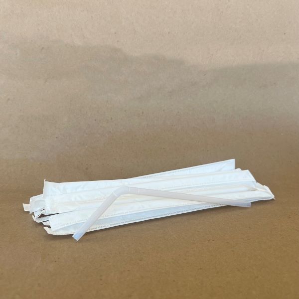 8.25" Translucent PLA Bendy Straw .25"dia Wrapped 2000cs BPI - Disposable Take Away Food Packaging - Canadian Distribution