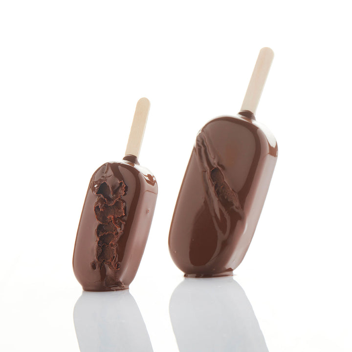 Two chocolate-dipped ice cream bars on a white background displaying Gelato On a Stick Mold Canada