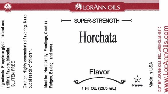 Lorann Oils Horchata flavor label with product details.