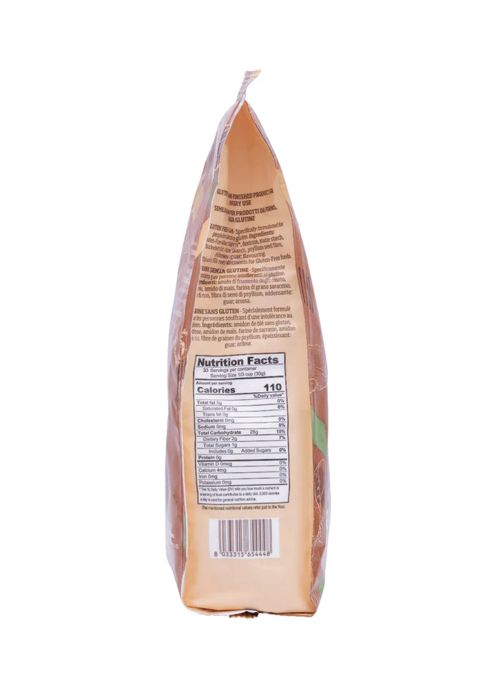Back view of a bread package with nutrition facts label on a white background