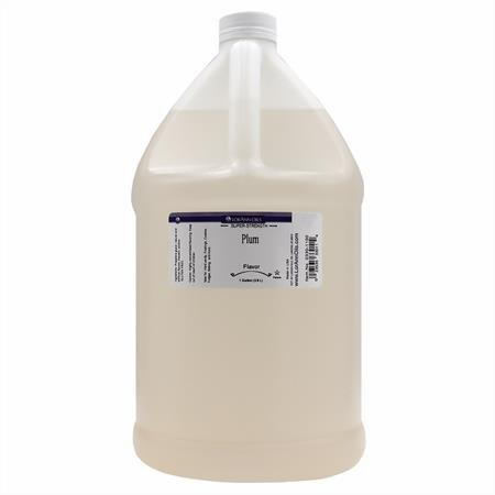 Gallon container of plum flavor liquid on a white background