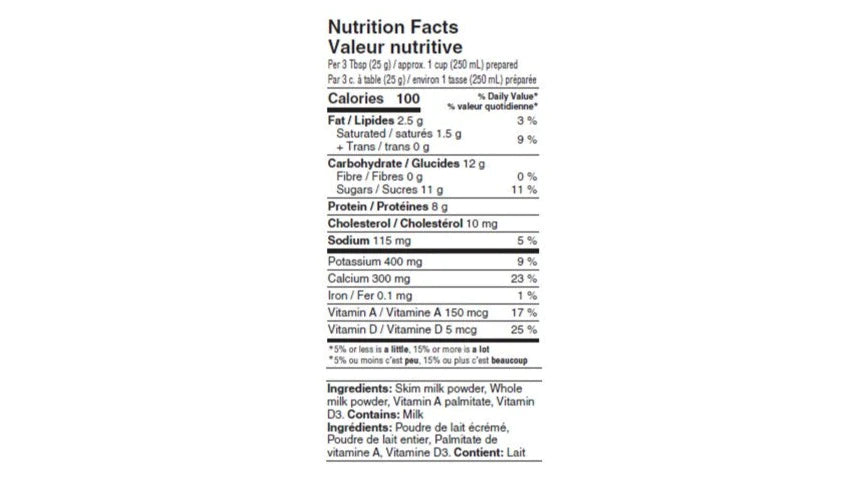 1% Partly Skim Milk Powder 12 bags x 500g - Made in Canada - Nutritional Info