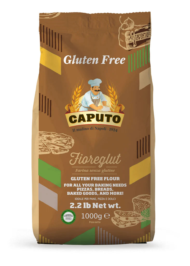 Bag of Caputo gluten-free flour with branding and product details on a white background