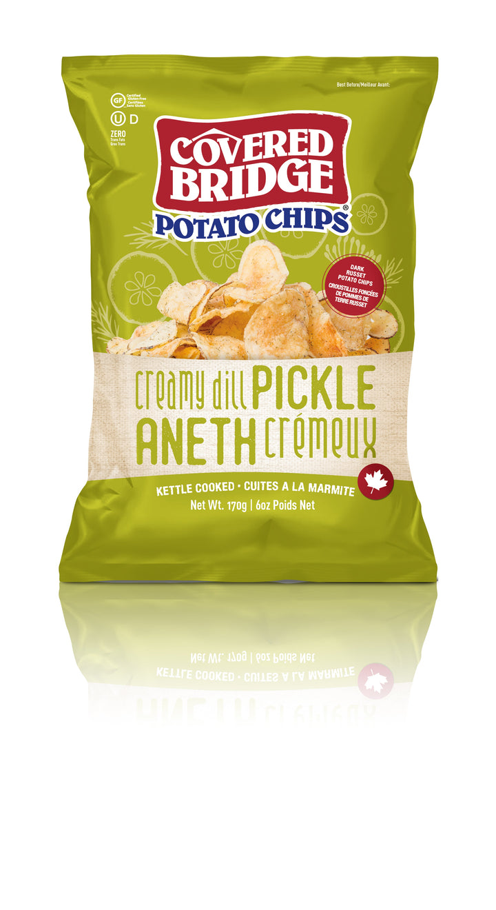 Covered Bridge Chips – Creamy Dill Pickle – Gluten Free, Kosher, Kettle Cooked with Dark Russet Potatoes – Made in Canada
