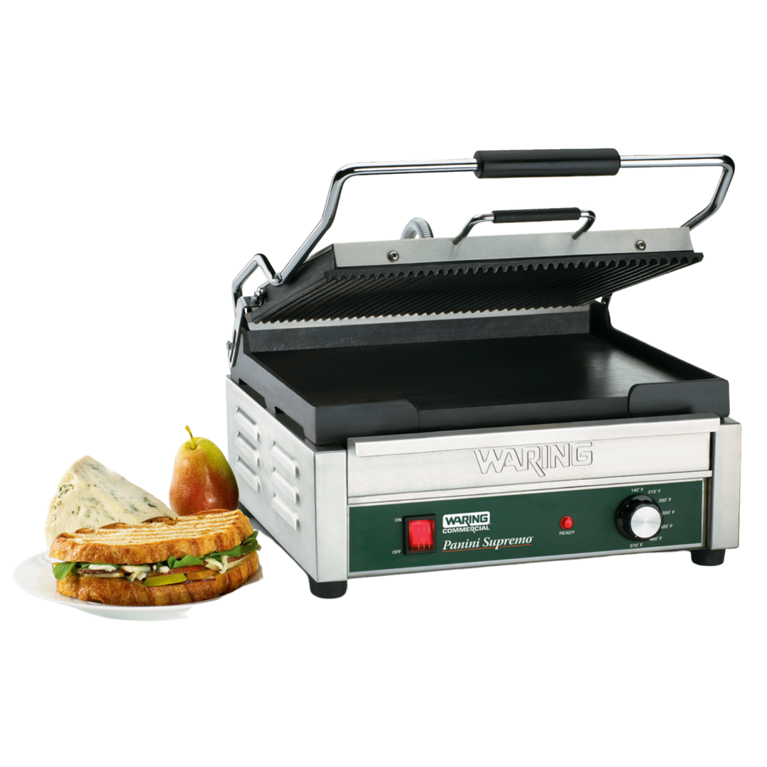 WDG250 Dual Combination Grill - Ribbed Top Plate, Flat Bottom Plate - Large Panini Grill by Waring Commercial