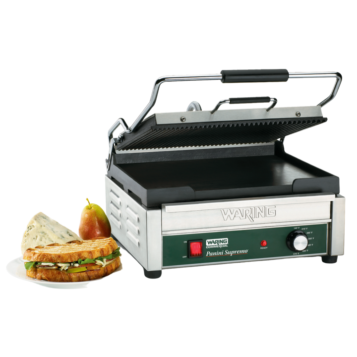 WDG250 Dual Combination Grill - Ribbed Top Plate, Flat Bottom Plate - Large Panini Grill by Waring Commercial
