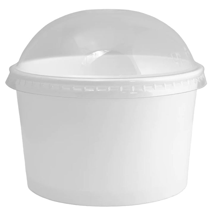 Dome Lids for White Ice Cream, Frozen Yogurt, Soup Paper Cups are designed for use with cold and or hot foods and are great for ice cream, gelato, yogurt, frozen dessert, noodles, and salad.