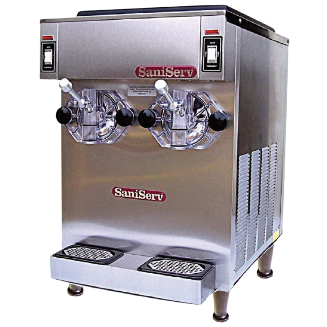 Stainless steel shake machine with 'SaniServ' branding on a white background