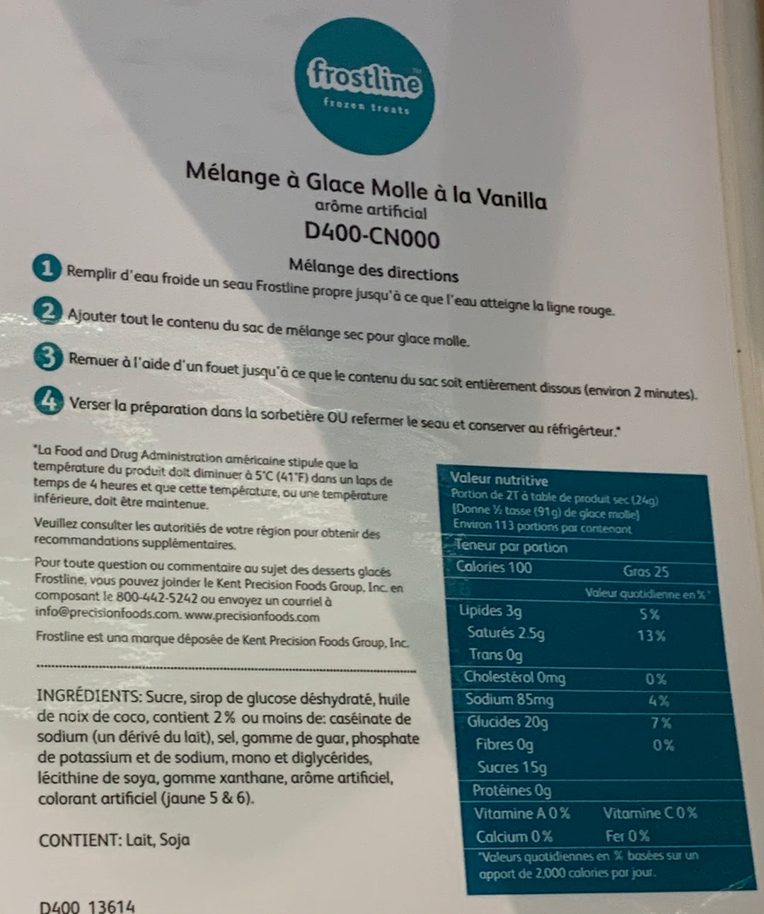 Frostline Vanilla Soft Serve Mixing Instructions English and French