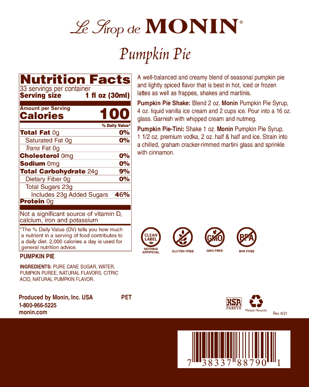 Pumpkin Pie - Monin - Premium Syrups and Flavourings
