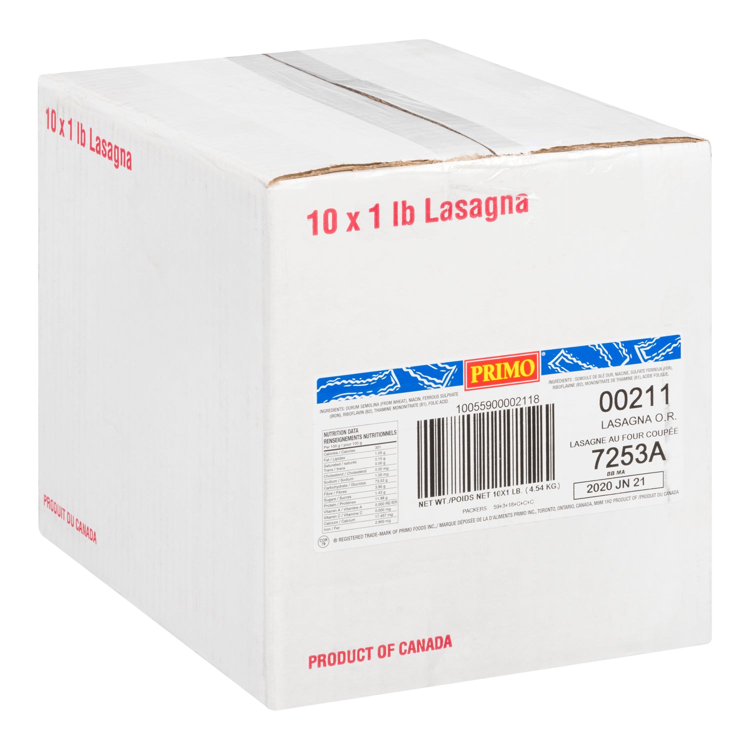 Pasta Lasagna Oven Ready - 10 x 1 lbs - Primo - Restaurant and