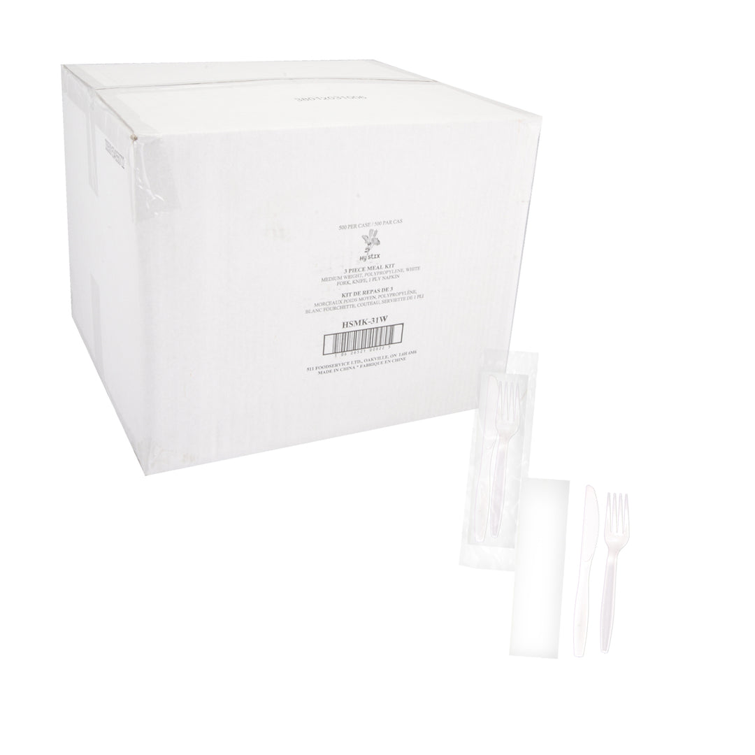 Cutlery Kit 3 pc. Fork/Knife/Napkin Medium Weight White - 1 x 500 each - Hystix - Packaging and Accessories - Restaurant Supplies and Equipment - Canadian Distribution