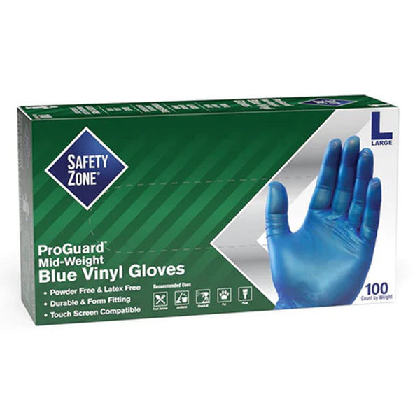 Safety Zone - Blue Vinyl Gloves Powder Free Large 10X100 Ea - Canadian Distribution