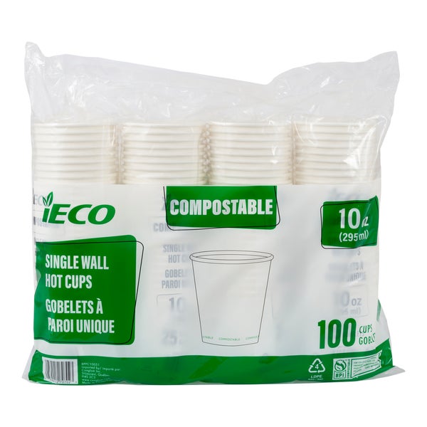 Gobelets iECO Compost à paroi simple 283 ml (10 oz) - 5 paquets de 100 - Articles jetables, emballages pour restaurants et fournitures pour plats à emporter - Distribution canadienne - Livraison gratuite au Canada pour les commandes de plus de 199 $ CA