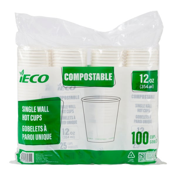 iECO Compost Single Wall Cup 12oz - 5 Packs of 100  - Disposables, Restaurant Packaging and Take-Out Supplies - Canadian Distribution - Ships Free Within Canada on Orders Above CAD $199