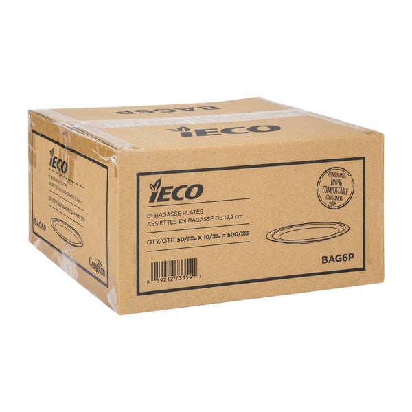 iEco 6-in Bagasse Plates - 10 packs of 50  - Disposables, Restaurant Packaging and Take-Out Supplies - Canadian Distribution - Ships Free Within Canada on Orders Above CAD $199