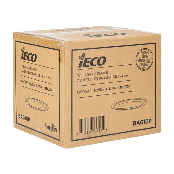 IECO 10-in Bagasse Plates - 5 packs of 50  - Disposables, Restaurant Packaging and Take-Out Supplies - Canadian Distribution - Ships Free Within Canada on Orders Above CAD $199