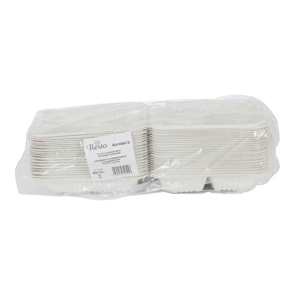 Resto Hinged 3-compartment MFPP Container 8 in × 8 in - Pack of 150  - Disposables, Restaurant Packaging and Take-Out Supplies - Canadian Distribution - Ships Free Within Canada on Orders Above CAD $199