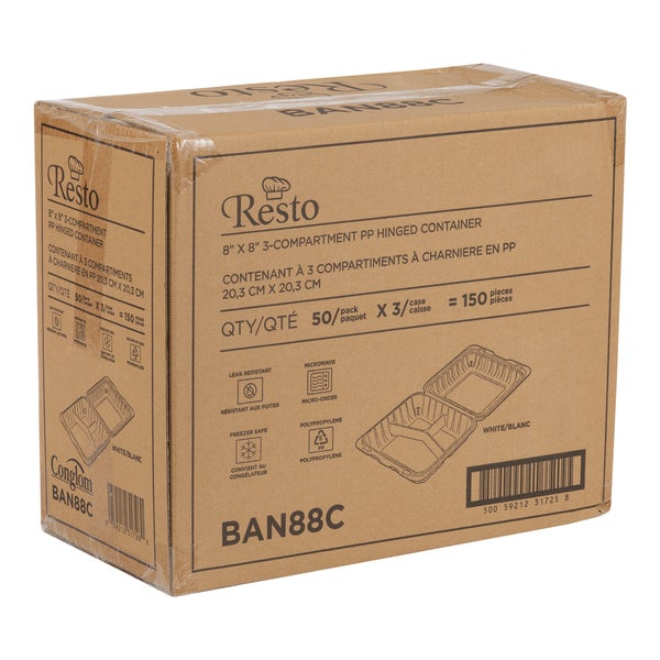 Resto Hinged 3-compartment MFPP Container 8 in × 8 in - Pack of 150  - Disposables, Restaurant Packaging and Take-Out Supplies - Canadian Distribution - Ships Free Within Canada on Orders Above CAD $199