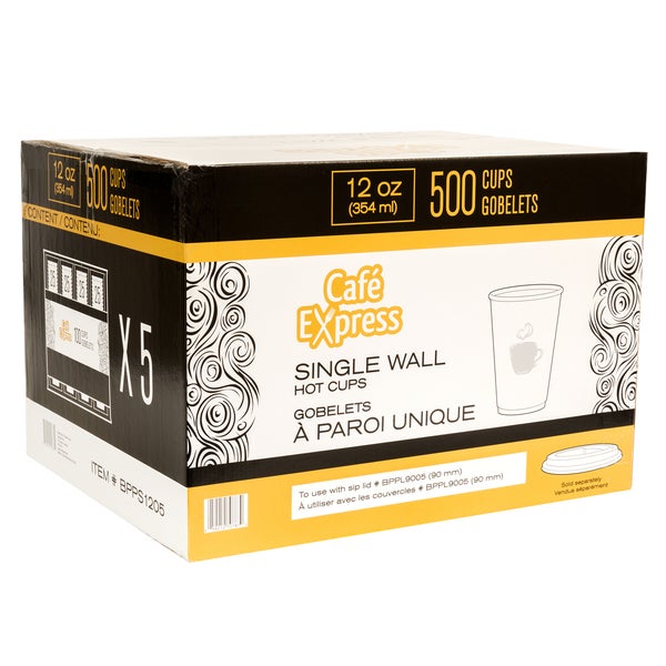 Café Express Single Wall 12-oz Hot Cups - 5 packs of 100  - Disposables, Restaurant Packaging and Take-Out Supplies - Canadian Distribution - Ships Free Within Canada on Orders Above CAD $199