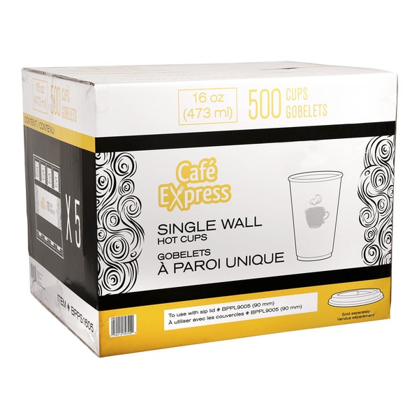 Café Express Single Wall 16-oz Hot Cups - 5 packs of 100  - Disposables, Restaurant Packaging and Take-Out Supplies - Canadian Distribution - Ships Free Within Canada on Orders Above CAD $199