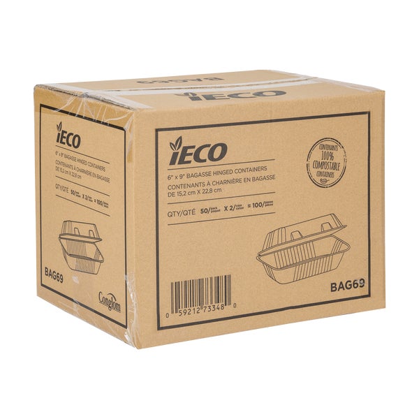 iEco Hinged Bagasse Containers 6 in × 9 in - 2 packs of 50  - Disposables, Restaurant Packaging and Take-Out Supplies - Canadian Distribution - Ships Free Within Canada on Orders Above CAD $199