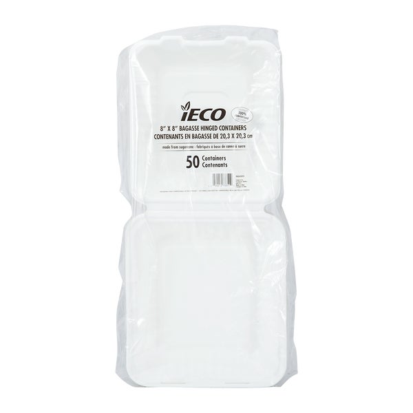 iEco Hinged Bagasse Container 8 in × 8 in - 2 packs of 50  - Disposables, Restaurant Packaging and Take-Out Supplies - Canadian Distribution - Ships Free Within Canada on Orders Above CAD $199