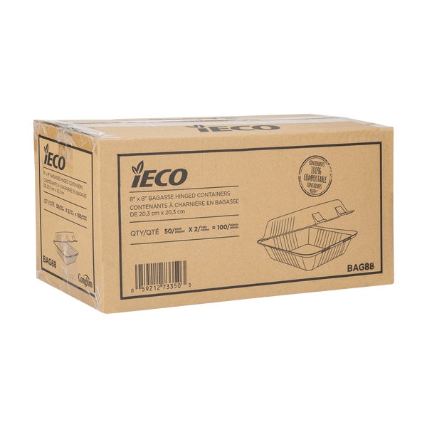 iEco Hinged Bagasse Container 8 in × 8 in - 2 packs of 50  - Disposables, Restaurant Packaging and Take-Out Supplies - Canadian Distribution - Ships Free Within Canada on Orders Above CAD $199